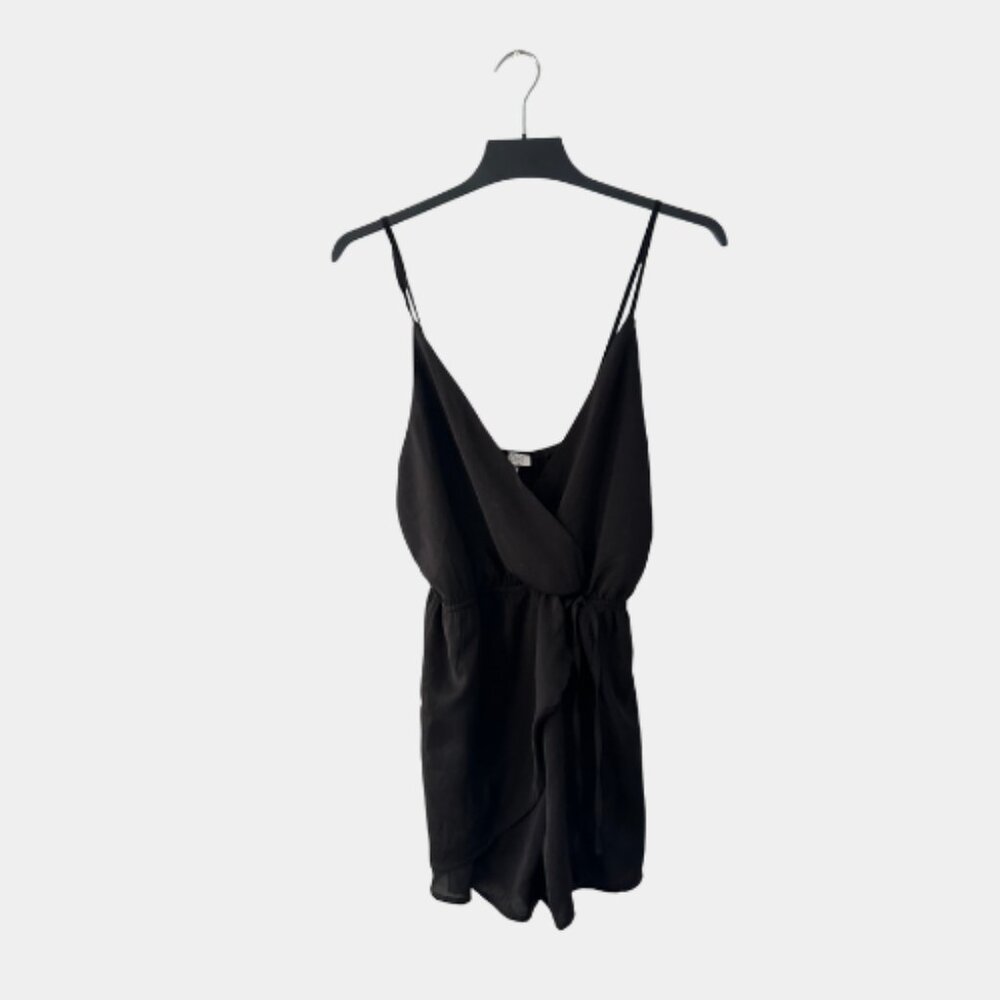 Tobi Black Surplice Wrap Front Romper Spaghetti Strap Elastic Waist Womens M